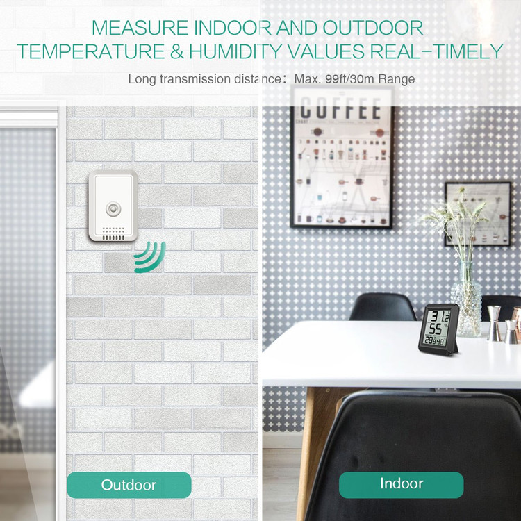 Digital Thermometer Hygrometer, ORIA Weather Station with Wireless Transmitter, Indoor/Outdoor Temperature Humidity Detector, Large LCD Display for Home, Office, etc – Black