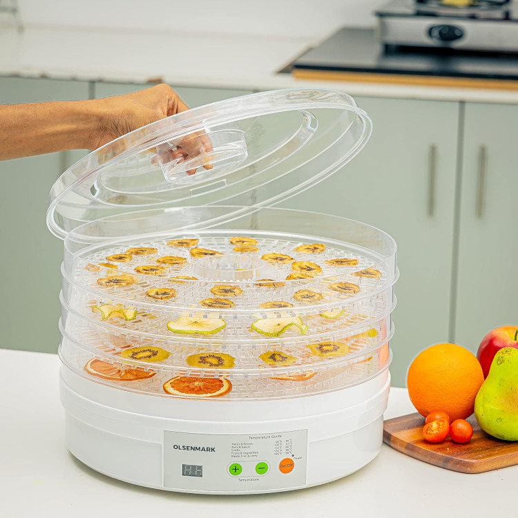 Olsenmark Food Dehydrator, 5pcs Tray, Adjustable Thermostat, OMFD2464 Four Heating Tubes Dehydrate A Variety of Fruit, Vegetable, Meat or Traditional Herbal Medicinal Materials, WHITE