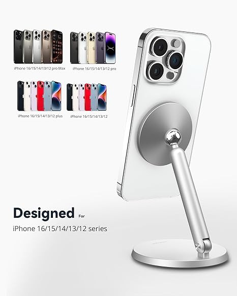 پایه مغناطیسی LULULOOK برای آیفون، چرخش آلومینیومی و داک نگهدارنده رومیزی قابل تنظیم برای آیفون 16/15/14/13/12/Mini/Plus/Pro/Pro Max، قاب محافظ Mag-Safe