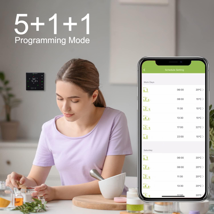 ترموستات هوشمند وای فای BecaSmart سری 006 برای گرمایش الکتریکی 16 آمپر، پشتیبانی از نمایشگر LCD Tuya و Smart Life، فقط وای فای 2.4 گیگاهرتز، 5+1+1 قابل برنامه ریزی