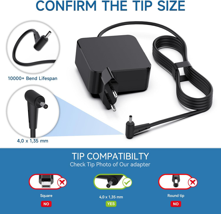 شارژر ۴۵ واتی برای لپتاپ ایسوس ۱۹ ولت ۲.۳۷ آمپر، آداپتور برق متناوب ایسوس ویووبوک فلیپ ۱۴ و ۱۵ اینچی، Zenbook UX303U UX305 UX305F UX305C UX410U