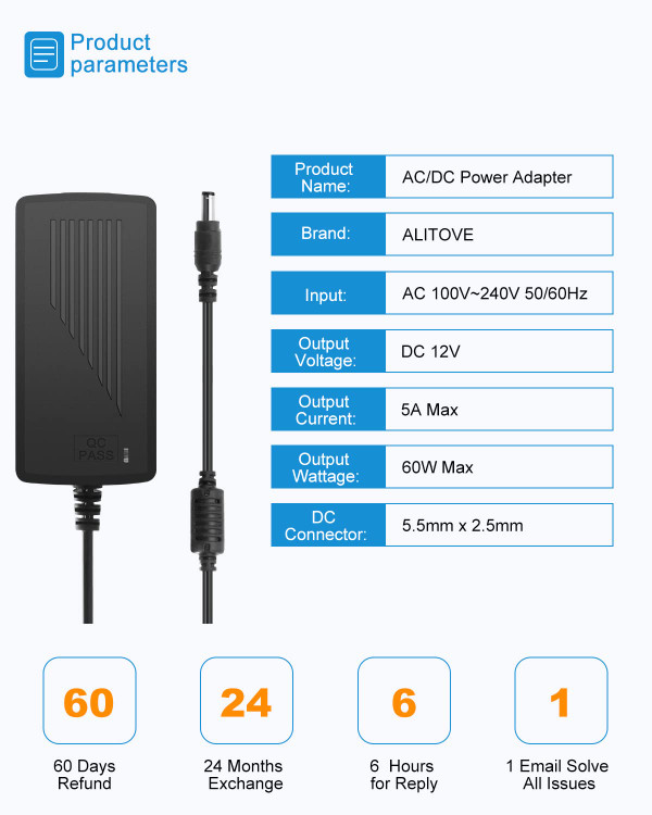 آدابتور 12 ولت 5 آمپر اورجینال داری سوکت سوزنی و مبدل جهت گرفتن مثبت و منفی برند ALITOVE