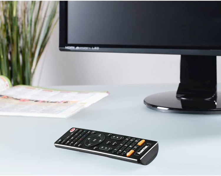 کنترل از راه دور جهانی آلمانی برند Hama، تلویزیون هوشمند ۴ در ۱ (قابلیت کنترل تا ۴ دستگاه از همه برندهای رایج، گیرنده، گیرنده دیجیتال، دیویدی، آمپلی فایر، ریموت کنترل جایگزین، قابلیت برنامهریزی سریع) مشکی