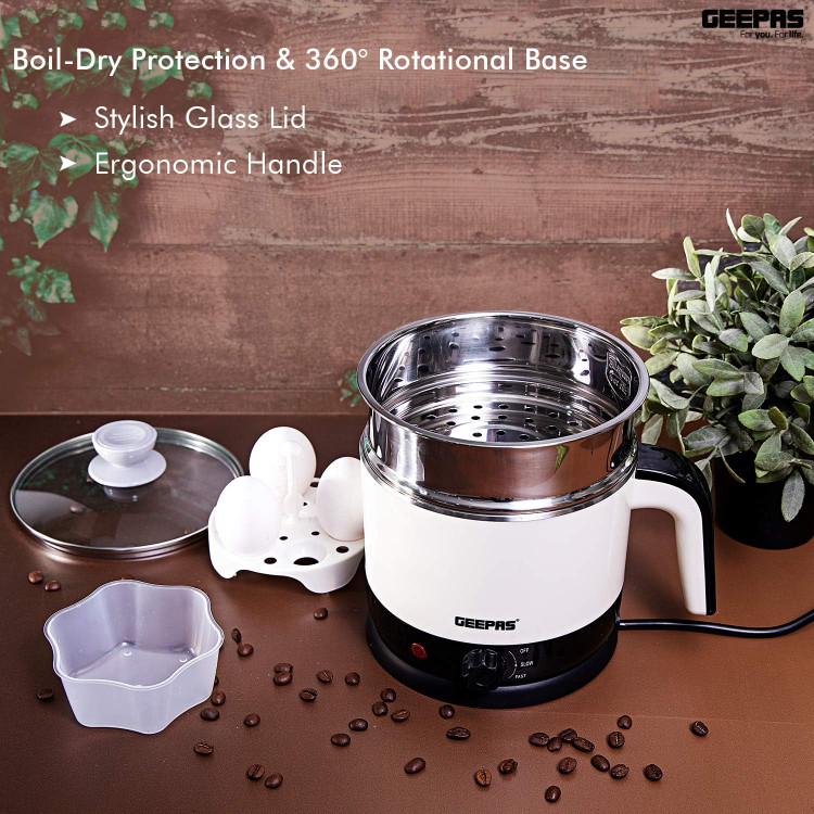 تخم مرغ پز و بخار پز و دمنوش ساز دولایه ، سه کاره اورجینال برند geepas با توان 1000 وات و ظرفیت 1.7 لیتری